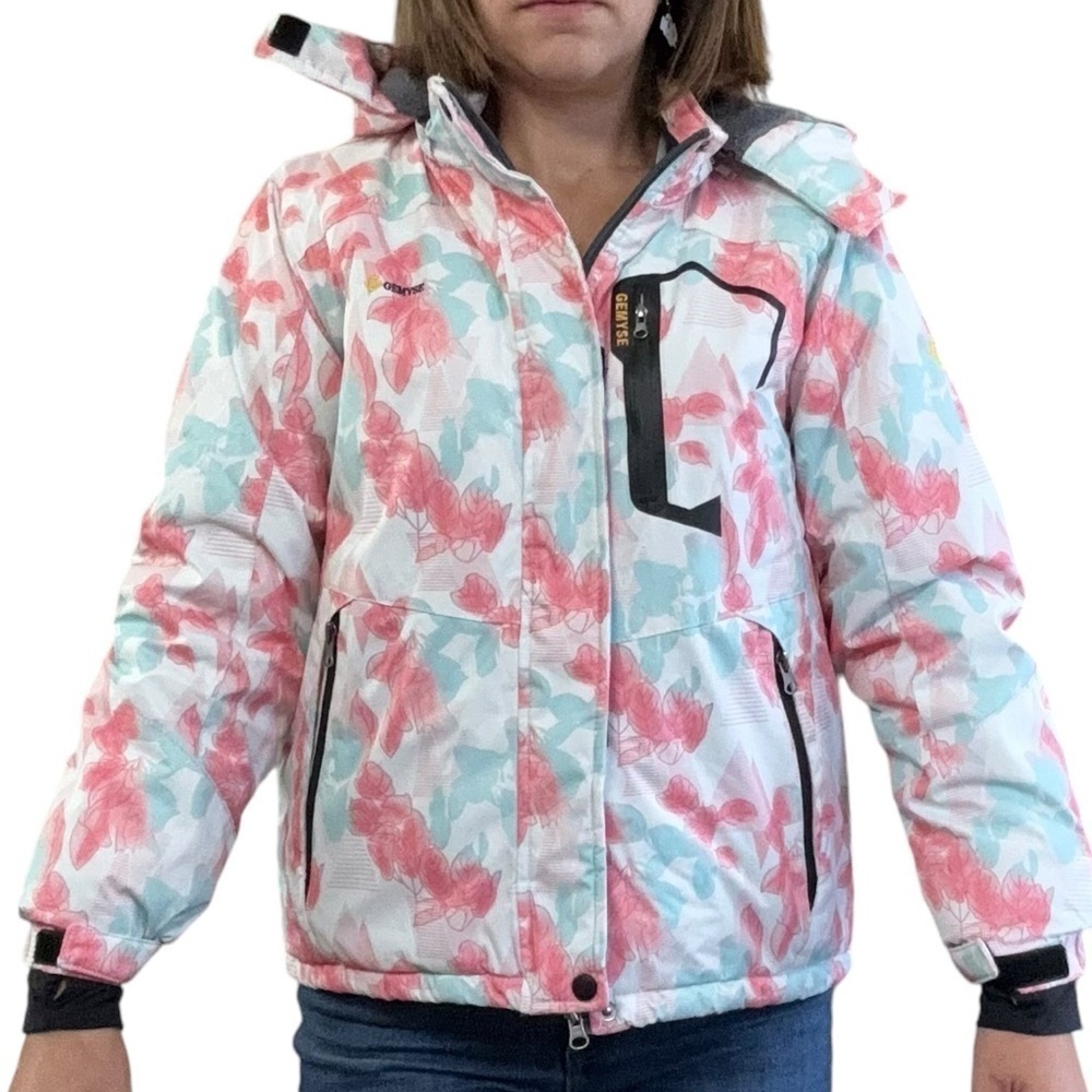 GEMYSE Hooded Snowboarding  Hooded Jacket  Girl’s L Watercolor Flowers Pink Blue
